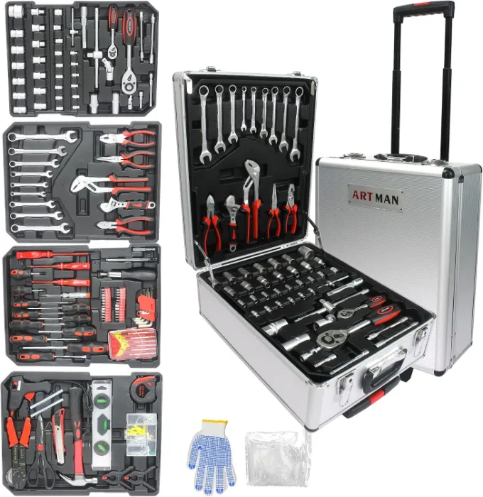 Campfun 899-piece household tool set with rolling aluminum case and foam tray organization