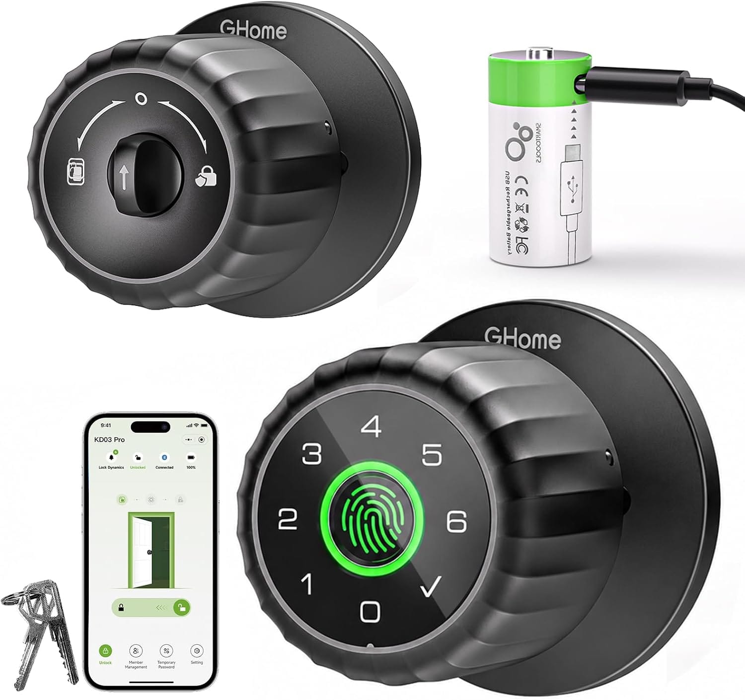 GHome Smart Fingerprint Door Lock 4-in-1 with keypad mounted on a bedroom door