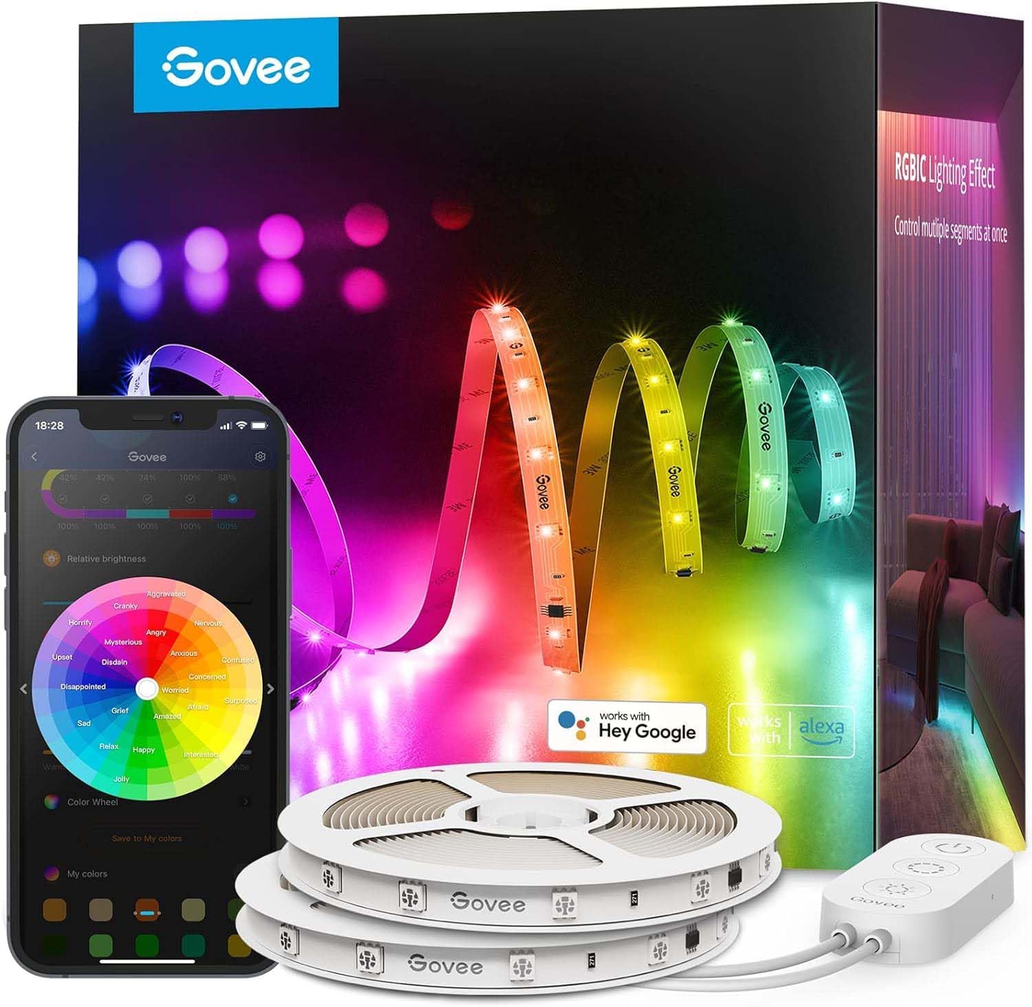 Govee 100ft RGBIC LED strip lights glowing in multiple colors