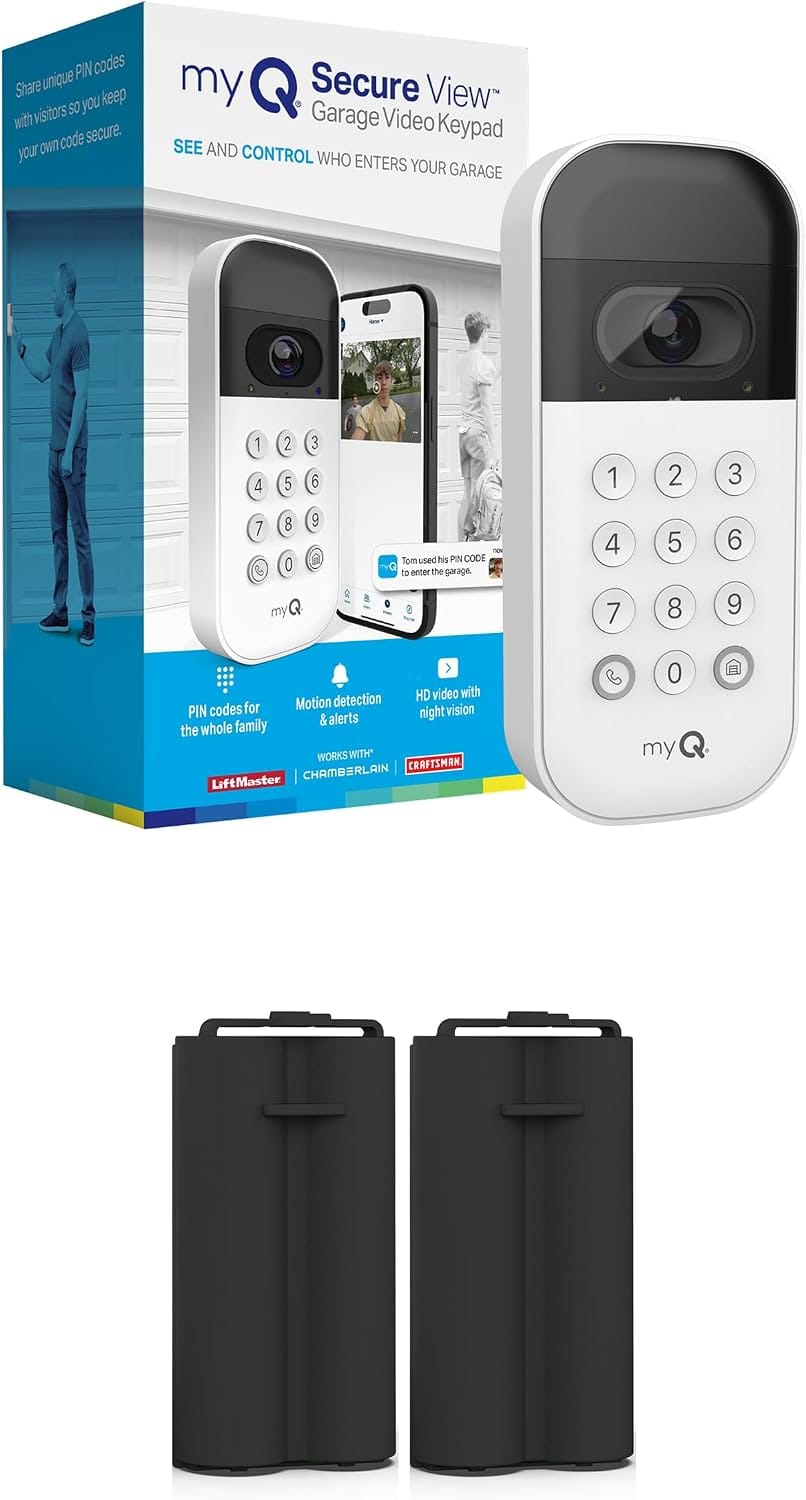 myQ Smart Garage Door Video Keypad with wide-angle camera mounted beside a garage door