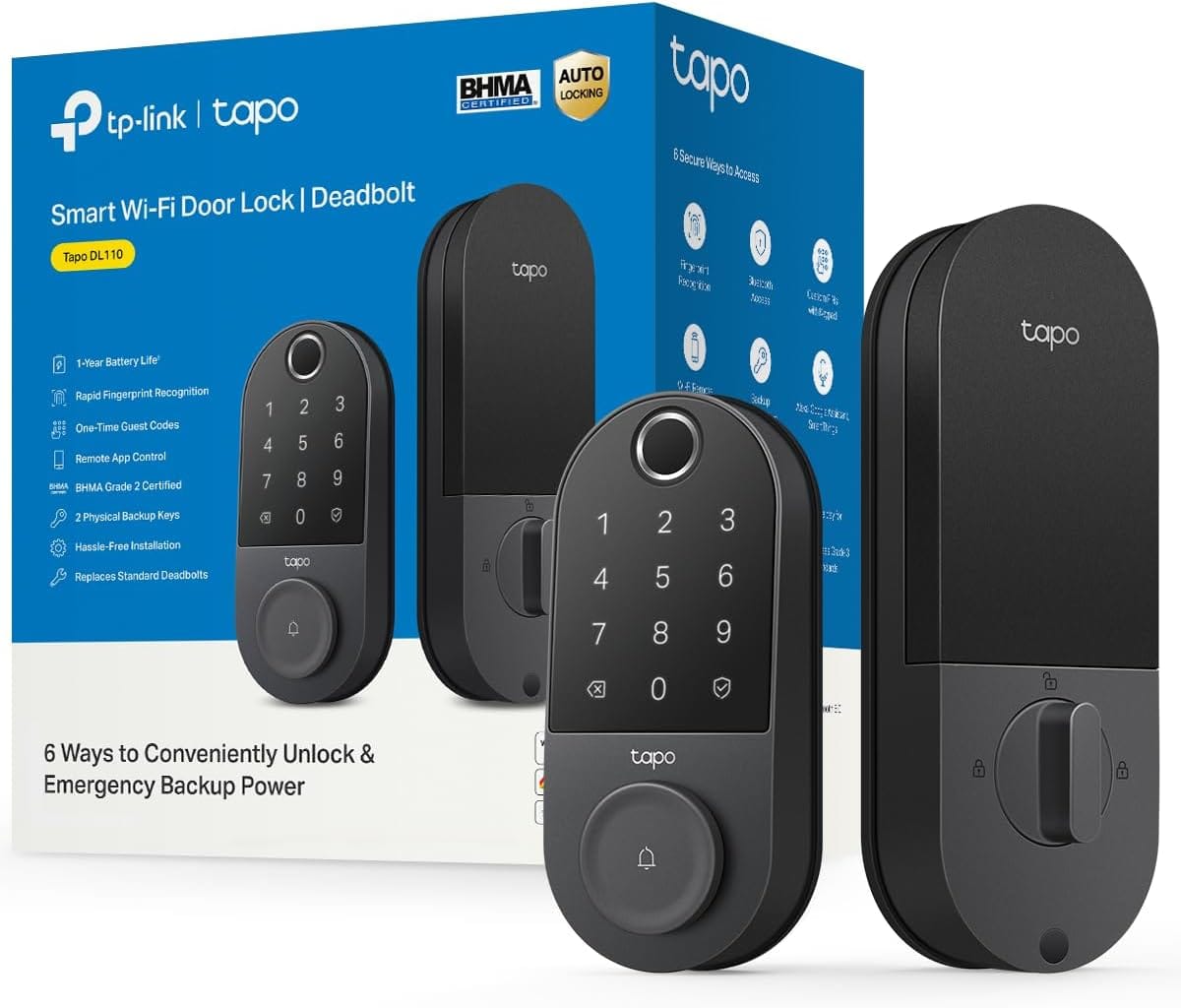 Tapo DL110 fingerprint smart deadbolt lock installed on a front door